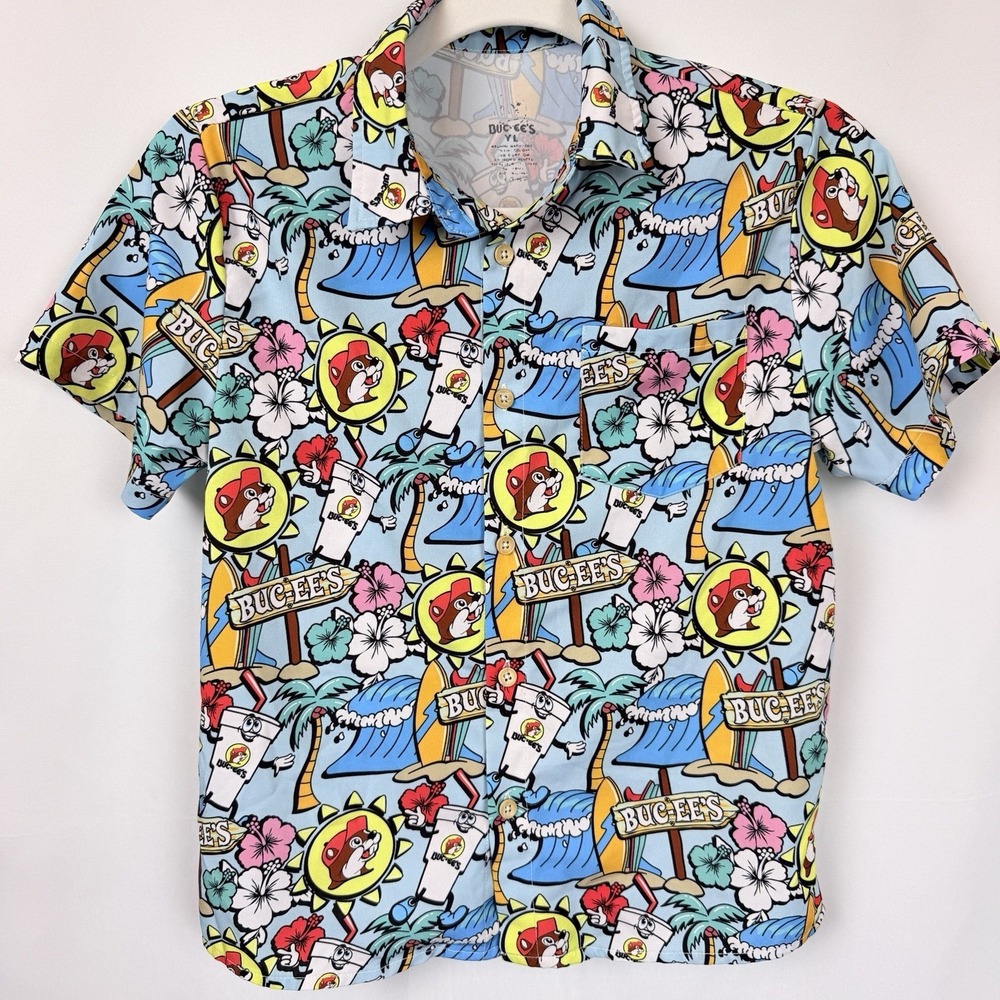 Buc-ee's Boy Short Sleeve Hawaiian Tropical Vacation Shirt Size Youth Large Blue